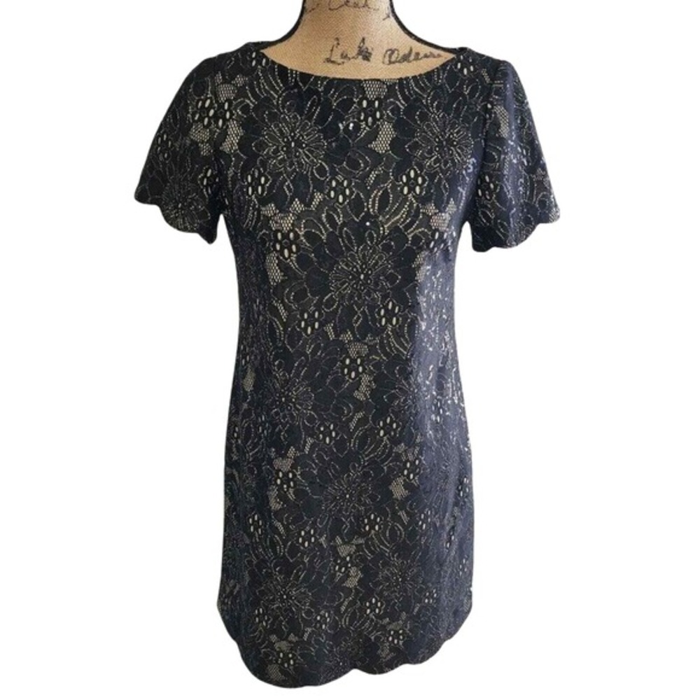 Anne‎ Klein Black Lace Sequin Shift Dress Short Sleeve Womens Size Small